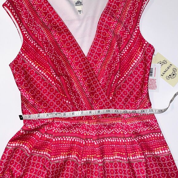 NWT Sangria Signature Pink Multicolor Pattern Fit &Flare V Neck Dress Womens 12 - Picture 12 of 12